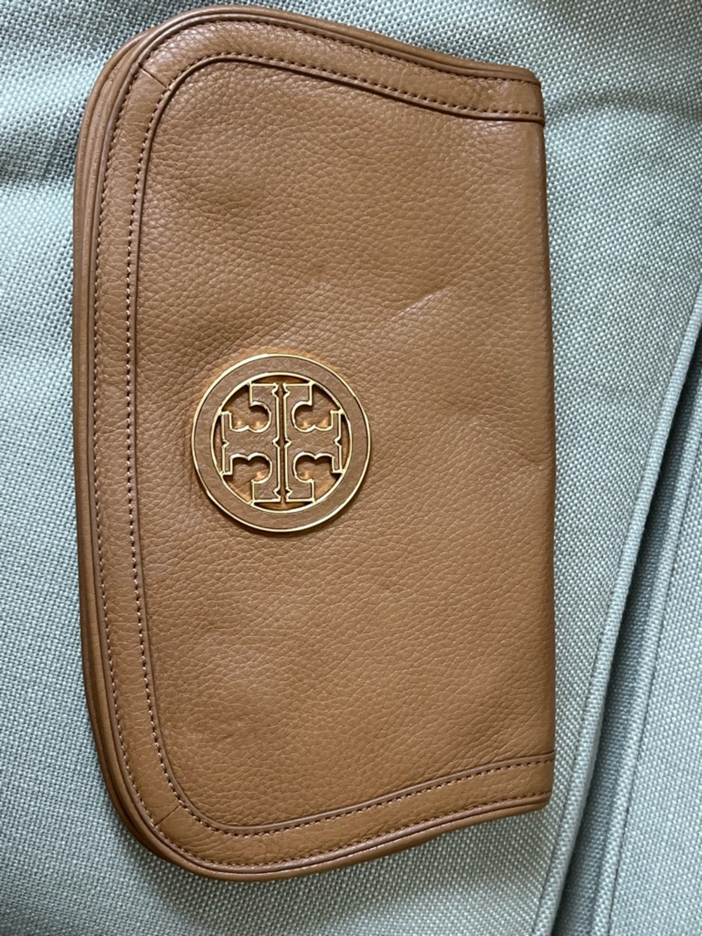 Tory Burch Caramel Leather Zip Pouch with Gold Emblem